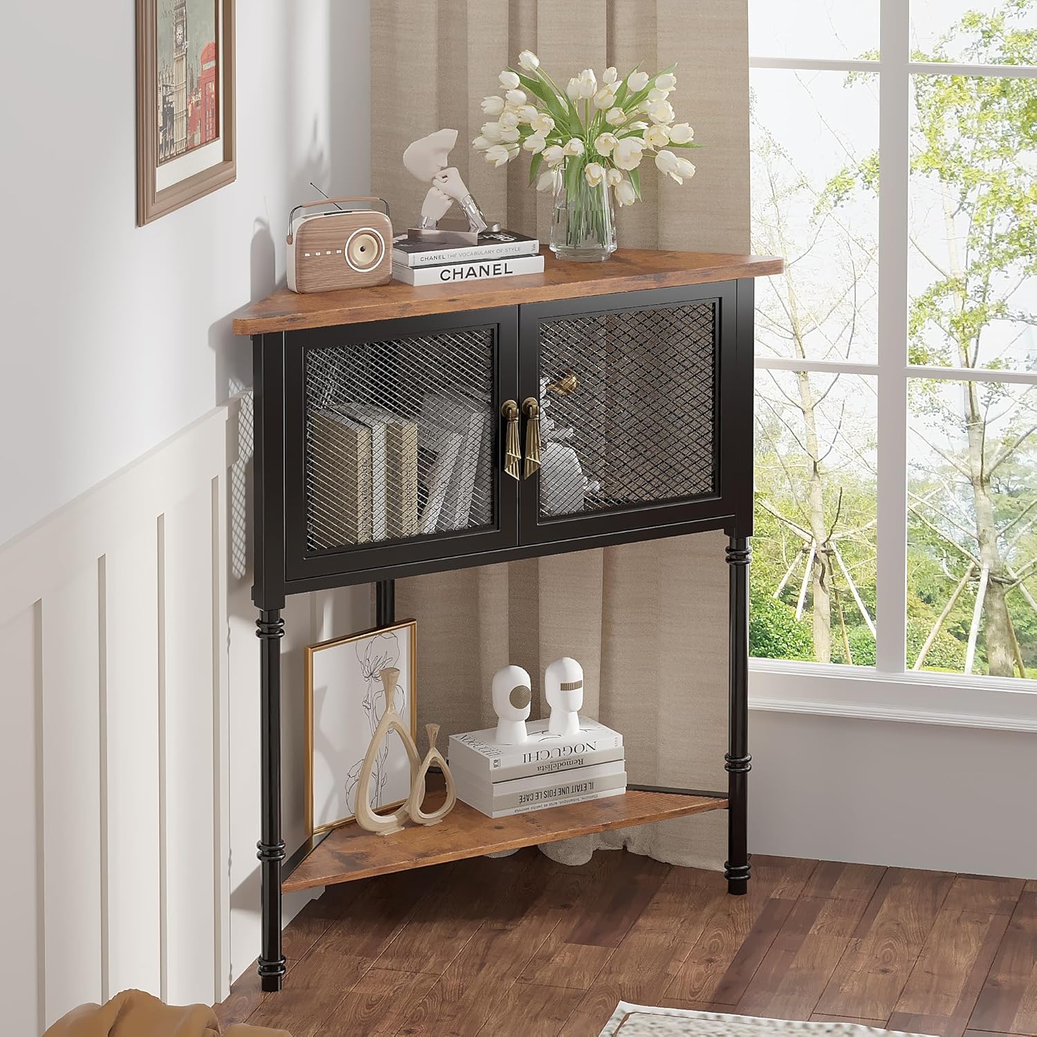 VECELO Corner Cabinet 3-Tier Display Shelves