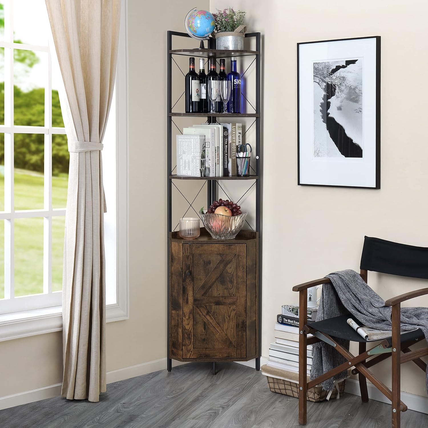 Finnhomy Corner Shelf with Cabinet 71 Inches Rustic Bookshelf