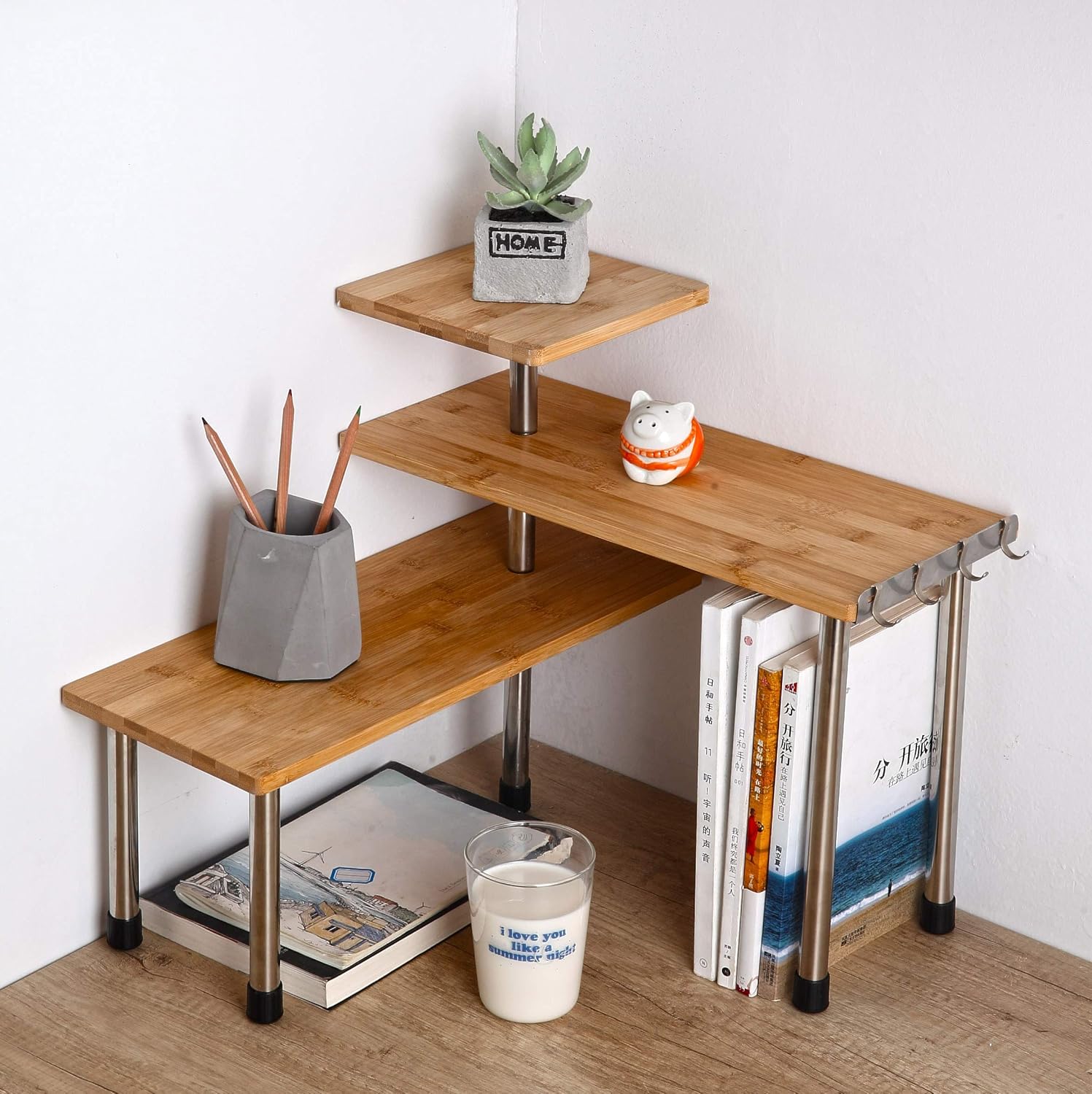 HYNAWIN 3 Tier Corner Shelf Bamboo Metal Organizer