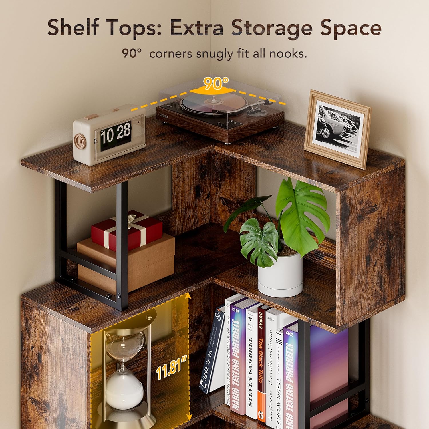 7 Tier Corner Bookshelf - Brown Tall Industrial Design
