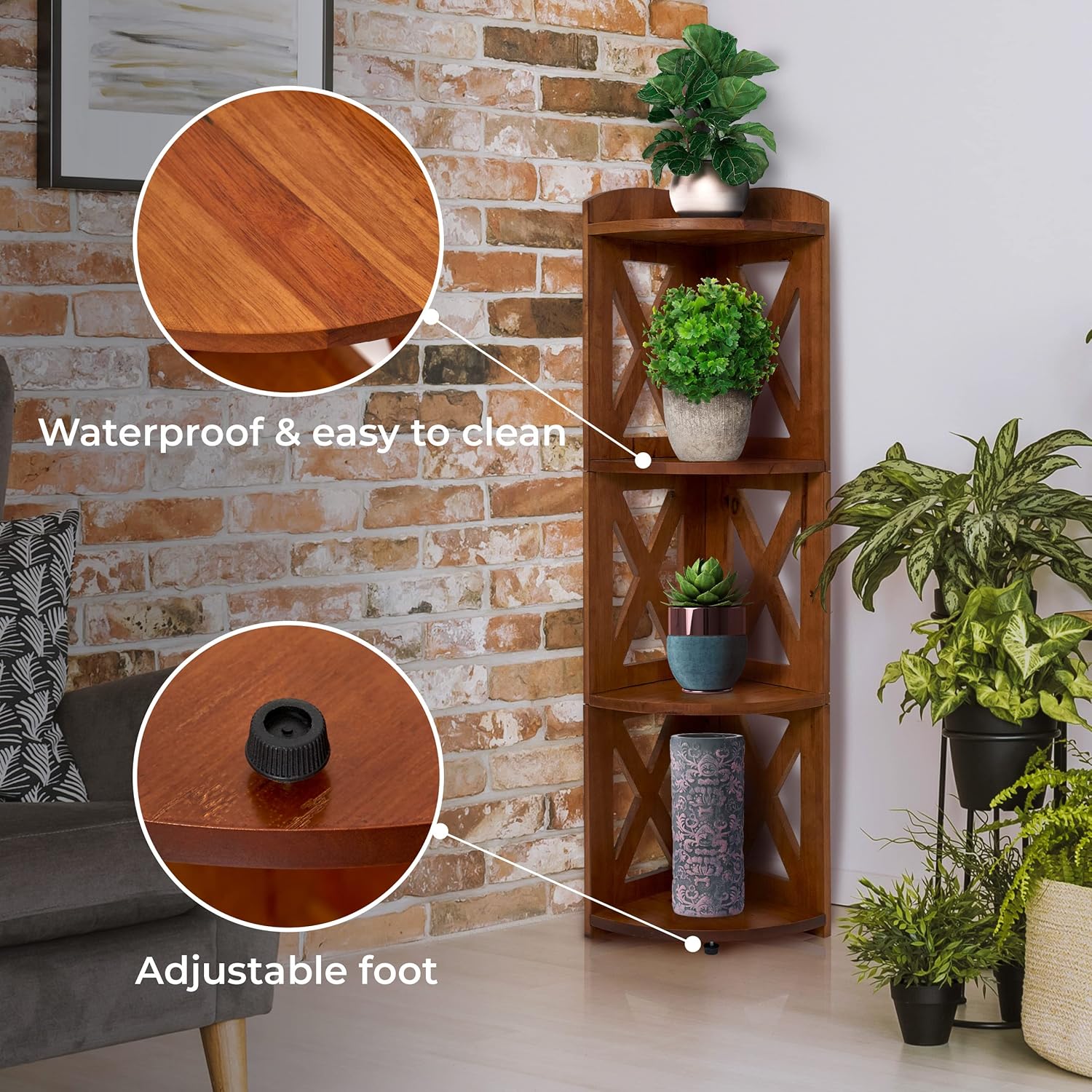 NHZ Corner Shelf Stand 4 Tier Natural Wood Bookshelf and Plant Stand Brown