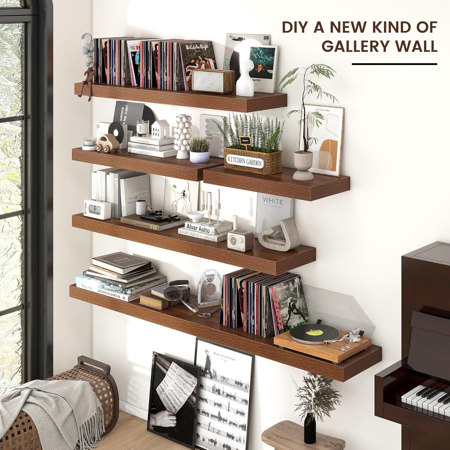 Venusmiles Floating Shelf 72x12 Inch Walnut Wall Mount