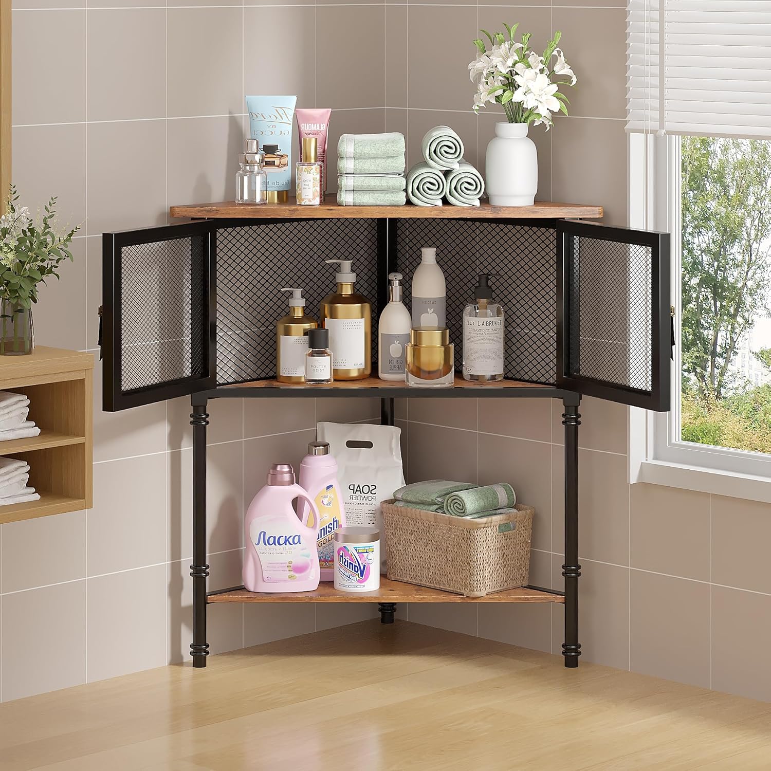 VECELO Corner Cabinet 3-Tier Display Shelves
