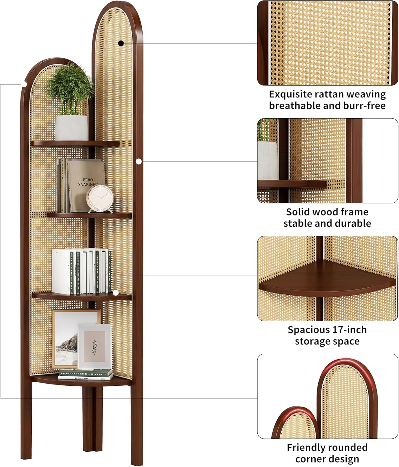 4 Tier Corner Shelf Stand Solid Wood Boho Rattan Shelves with Wicker Weave for Bedroom Living Room