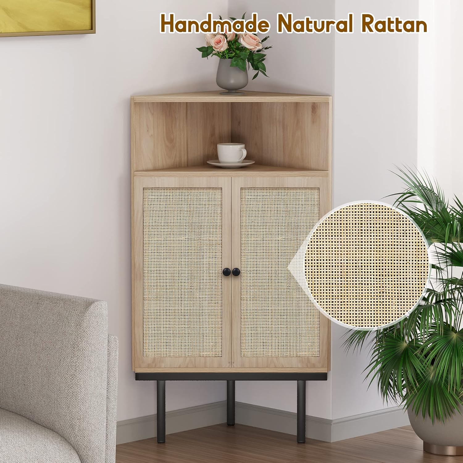 Xiao Wei 39 Inch Boho Corner Cabinet with Rattan Doors