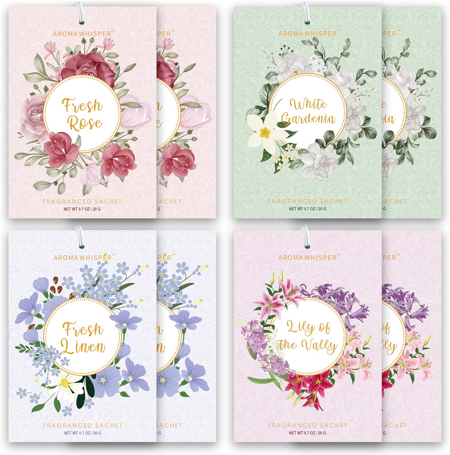 4 Scents Scented Sachets 8 Pack - Long Lasting Home Fragrance